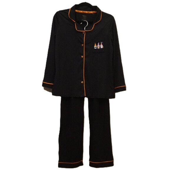Born Sleepwear 2 Piece PJ Set Black with Halloween Gnomes Women’s Medium - Picture 1 of 10